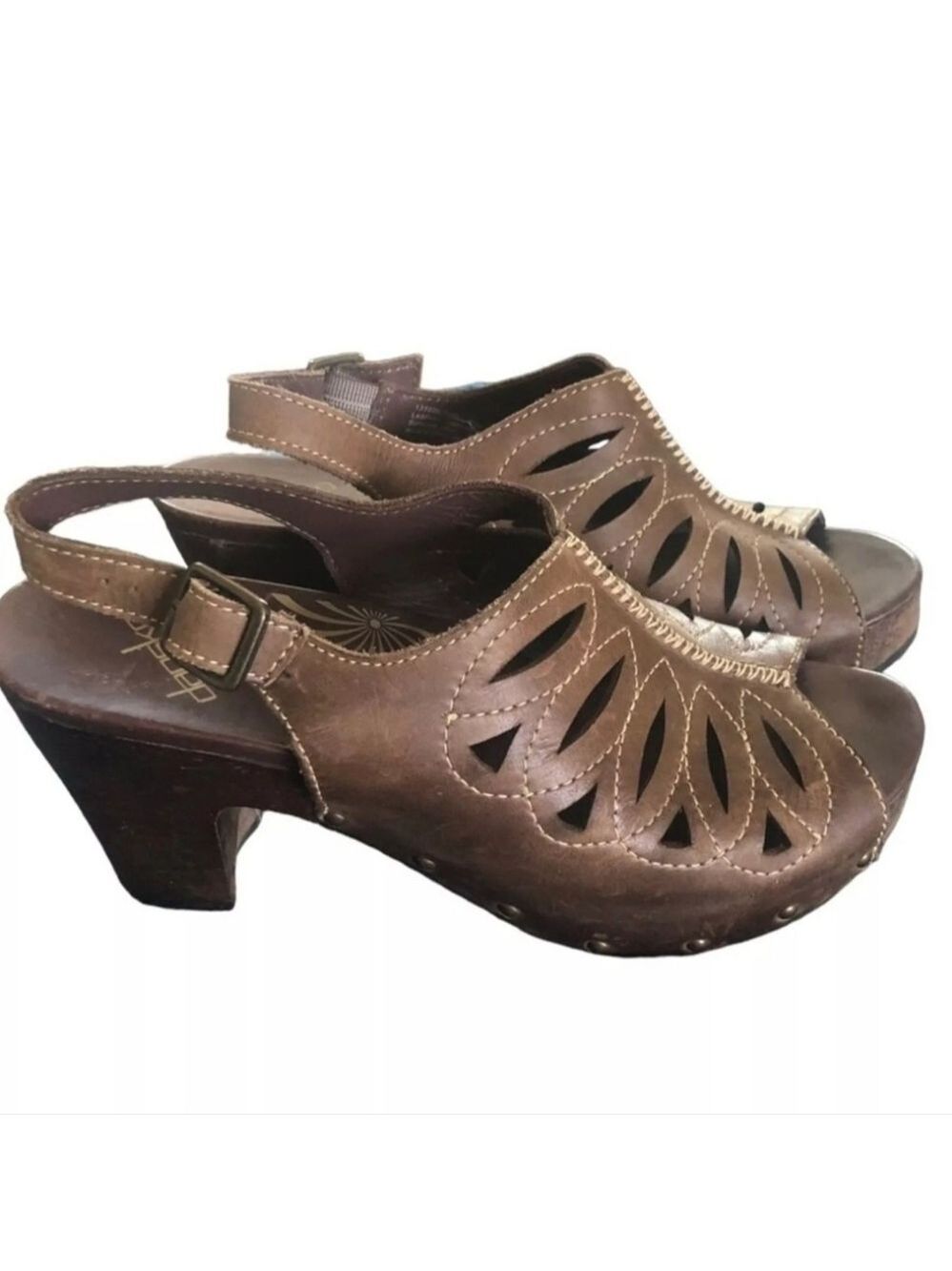 Dansko Leather Wedge Slingback Heels Peep Toe Boho Mule Sandals Brown Size EU39